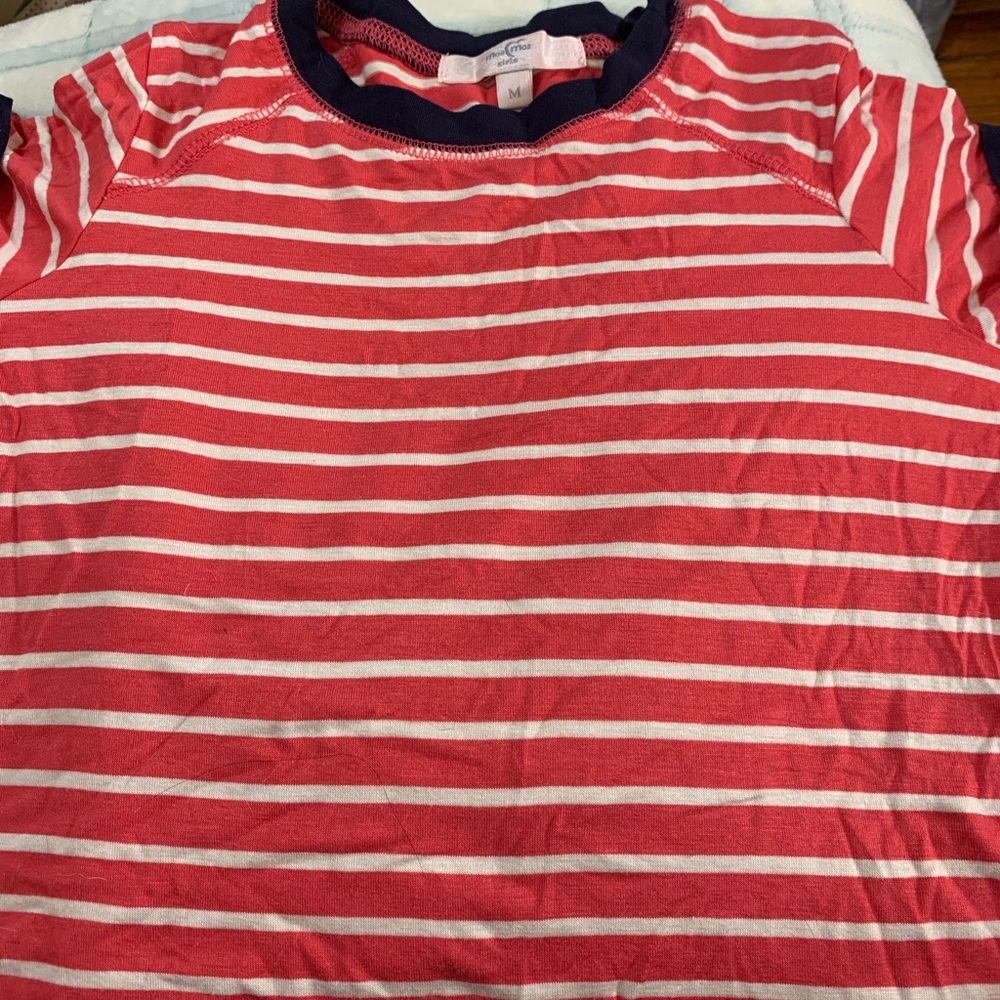 Brand New with Tags, coral and white stripe top, navy accents, size M